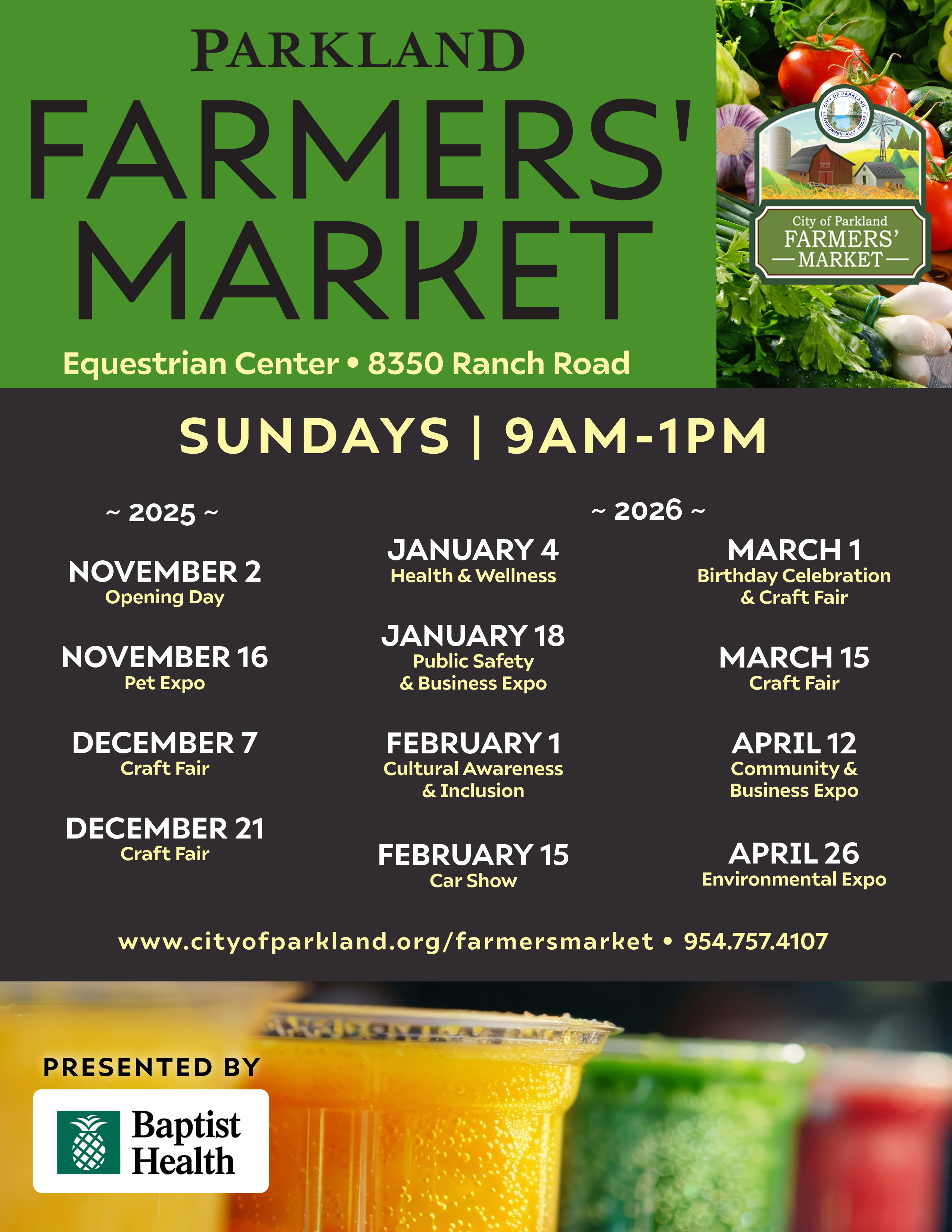 Farmers Market season 2025-2026 starts November 2 every other Sunday from 9am-1pm.