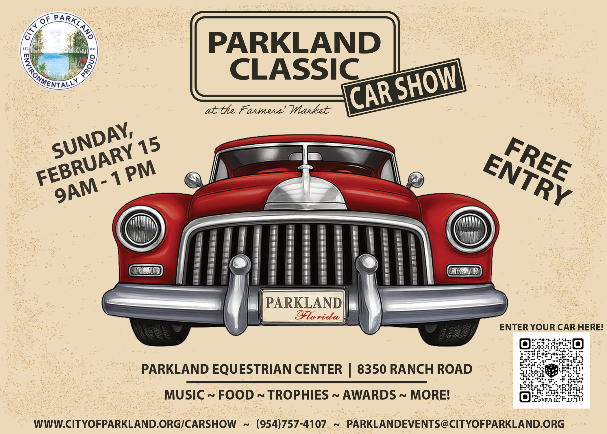 Parkland will host a Classic Car Show on Feburary 15, 2026 from 9AM to 1PM at the Equestrian Center.